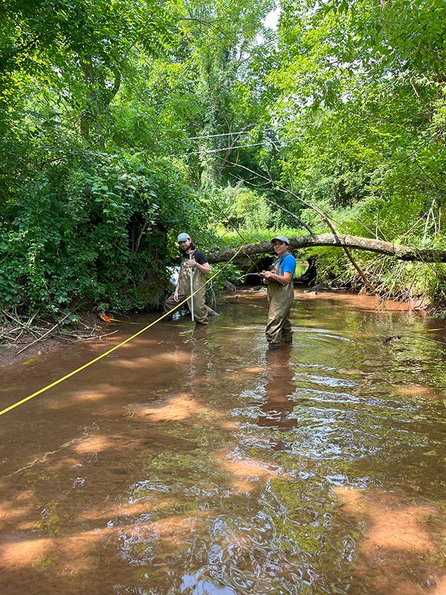 Two staff scientists measuring the size of a shallow river.